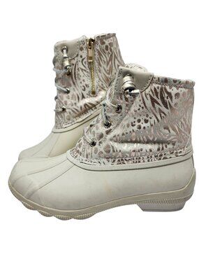 Sperry Waterproof Beige & White Pattern Textile Upper Rubber Boots Womens 6M